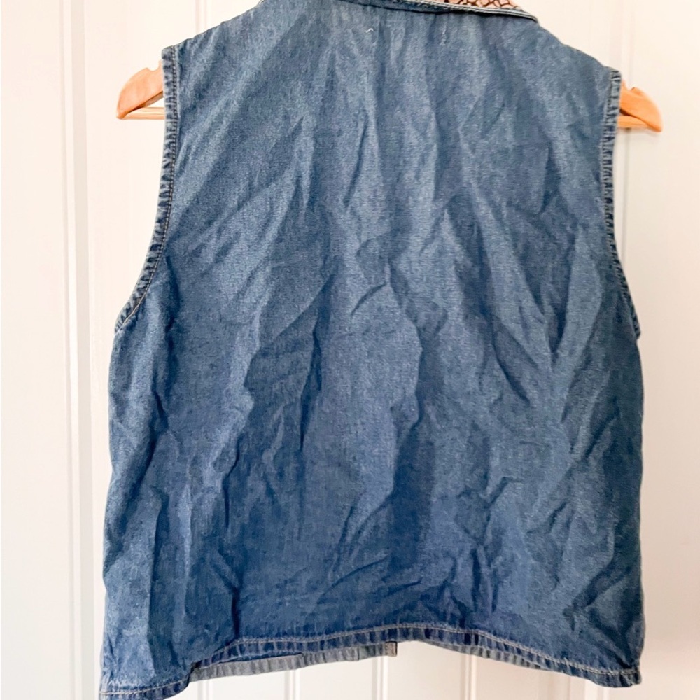 Tan Trums Denim Safari Animal Print Embroidered Giraffe Zebra Vest Women Large - Picture 2 of 4